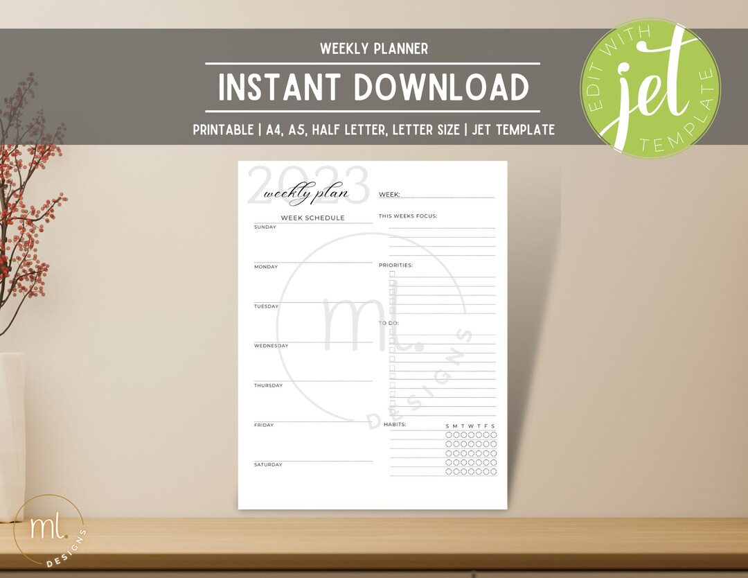 Weekly Calendar Planner | Printable Planner | Instant Download | A4, A5 ...