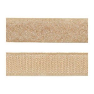 May include: Two strips of beige hook and loop fastener tape. The top strip is fuzzy and the bottom strip is woven.