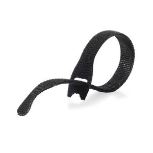 May include: A black reusable cable tie made of hook and loop fabric. The tie is looped and fastened.