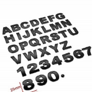 May include: Black plastic letters and numbers, approximately 25mm in size, for crafting or decorating projects. The letters include A-Z and the numbers 1-9 and 0.