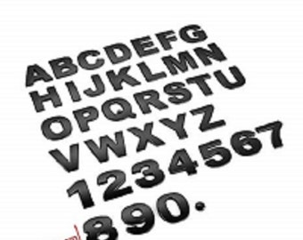 May include: Black plastic letters and numbers, approximately 25mm in size, for crafting or decorating projects. The letters include A-Z and the numbers 1-9 and 0.