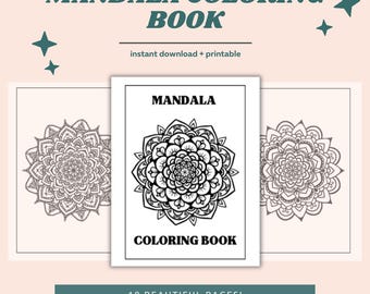 May include: A printable mandala coloring book with 10 pages. The cover features a black and white mandala design with the text "MANDALA COLORING BOOK" and "10 BEAUTIFUL PAGES!"