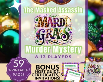 Mardi Gras Murder Mystery Game, 13 Characters and Victim, Holiday Family Murder Mystery Dinner, Printable Invitation, Downloadable