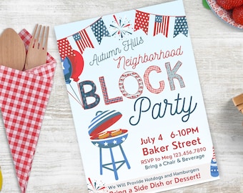 Editable July 4th Neighborhood Block Party Flyer Patriotic Birthday BBQ Invitation Labor Day Memorial Day Summer Block Party Flyer, JUL2