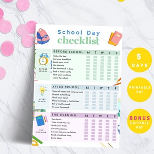 School Day Checklist, Schedule Daily Planner for Kids, Before School and After School Responsibility Chart for Children, Chore Chart, SCH1