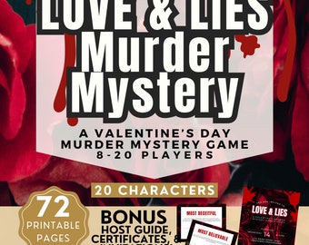 Valentines Murder Mystery Game for up to 20, Holiday Family Murder Mystery Dinner, Printable Invitation, Certificates, Host Guide, Download