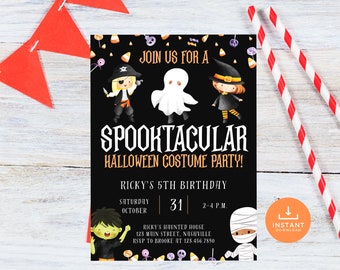 May include: A black Halloween party invitation card featuring cartoon illustrations of a pirate, a ghost, a witch, a zombie, and a mummy. The text reads JOIN US FOR A SPOOKTACULAR HALLOWEEN COSTUME PARTY! RICKY'S 5TH BIRTHDAY, OCTOBER 31, 2-4 P.M. at RICKY'S HAUNTED HOUSE.