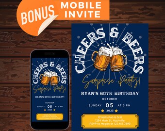 Cheers & Beers Birthday Invitation, Surprise Party (Digital Download)
