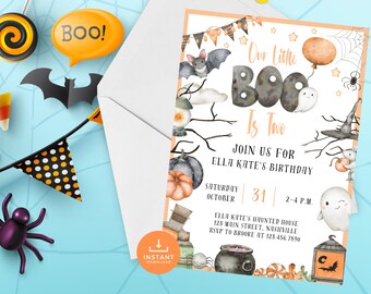 Kids Halloween Second Birthday Invitation, Boo is 2 Halloween Party Invite, Two Spooky Birthday Invitation, Second Birthday Invitation HAL11