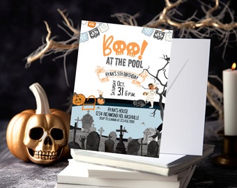 May include: A rectangular Halloween-themed birthday invitation card featuring the text Boo! AT THE POOL, RYAN'S 5TH BIRTHDAY, SATURDAY OCT. 31 6 P.M., RYAN'S HOUSE, 1234 RICHMOND RD. NASHVILLE, and RSVP TO LEANNA AT 123.456.7890 with a graveyard illustration.