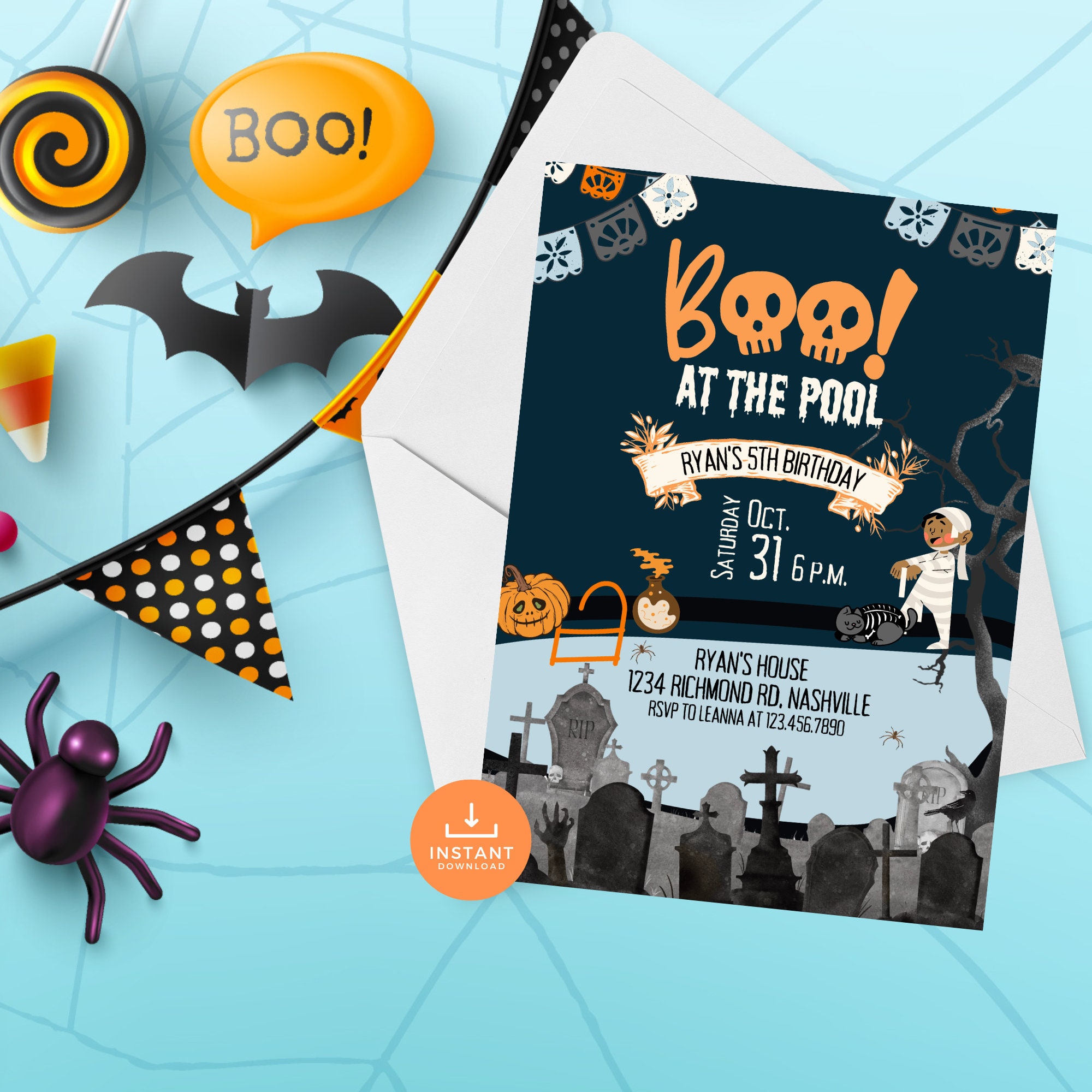 Halloween Birthday Pool Party Invitation, Halloween Pool Party Invite