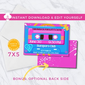 RETRO Cassette Tape Invite, 40th 30th Birthday Invitation Template, Funky Retro, Throwback, 1980s, 90s Theme Editable Instant Download