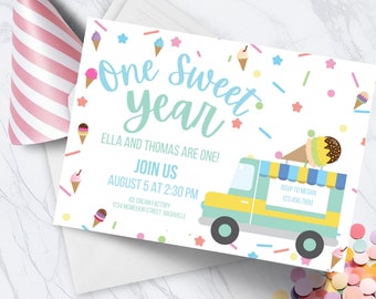 May include: A colorful invitation with the text "One Sweet Year" for a birthday party. The design includes ice cream cones, a cartoon ice cream truck, and confetti. The invitation is on a white background.