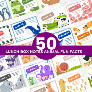 Pacchetto di 50 divertenti informazioni sugli animali per bambini, bigliettini per il pranzo stampabili, bigliettini per il ritorno a scuola, bigliettini per il pranzo per bambini, bigliettini carini per il pranzo