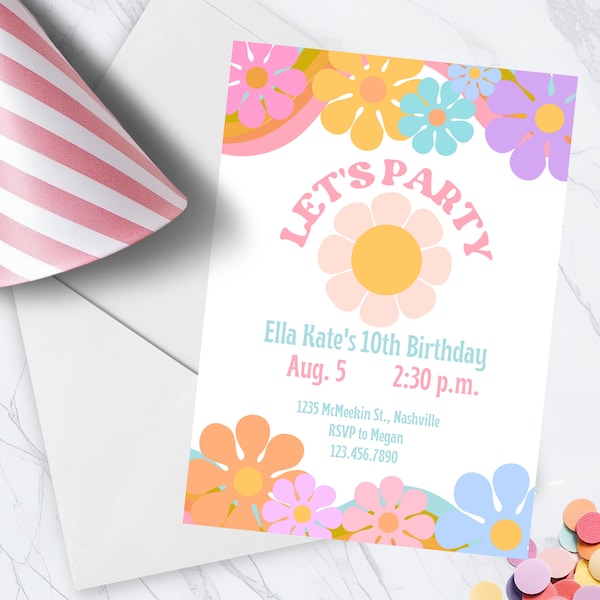 Editable Happy Flower Birthday Invitation, 70s Retro Flower Birthday, Groovy First Birthday Party Invite, Flower Power Hippie Birthday