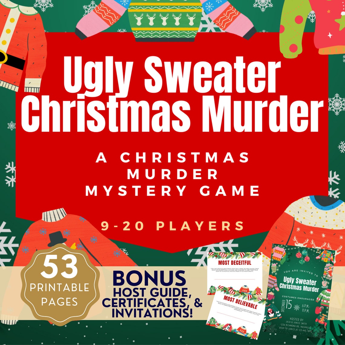 Christmas Murder Mystery Game for up to 20, Ugly Christmas Sweater Murder Mystery Dinner