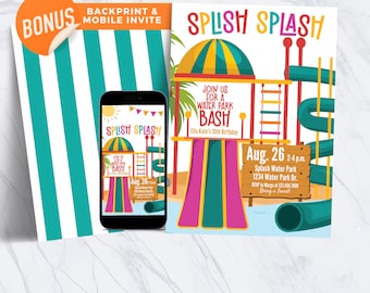 May include: A colorful invitation for a water park birthday party. The invitation features a cartoon illustration of a water park with a slide, a ladder, and a water fountain. The text on the invitation reads "Splish Splash Water Park Bash" and includes the date, time, and location of the party.