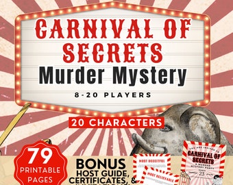 Carnival Murder Mystery Game for up to 20, Circus Murder Mystery Dinner, Printable Invitation, Certificates, Host Guide, Download