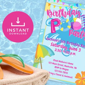 Pool Party Invitation Summer Party Invite, Teenage Pool Party, Water Park Invitation Editable Instant Download Template Edit Myself POO1