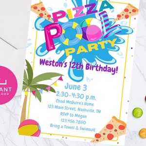 Uitnodiging zwembadfeest pizza, zomeruitnodiging verjaardag zwembadfeest, tiener zwembadfeest, schoolfeest, waterparkuitnodiging bewerkbare Canva PIZ1