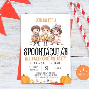 Editable Kids Halloween Birthday Invitation, Halloween Party Invite, Costume Party Birthday, Hey Boo Spooky Invitation, HAL3