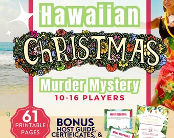 Christmas Murder Mystery Game for up to 16, Hawaiian Christmas Murder Mystery Dinner, Christmas Game, Invitation, Certificates, Host Guide