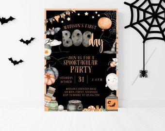 May include: A rectangular Halloween party invitation featuring a black background with orange borders. It displays the text Madison's First BOO day, Join us for a spooktacular party, Saturday October 31, 2-4 P.M., and address details. Illustrations include a bat, ghost, pumpkin, spider, and cauldron.