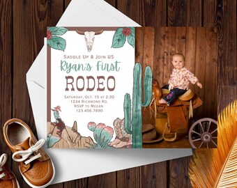 Erste Rodeo Geburtstagseinladung, Wild West Geburtstag, Cowboy Geburtstag, Southwest Geburtstag, Erste Geburtstag Foto Einladung, Junge 1.Geburtstag