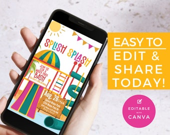 May include: A digital invitation for a water park birthday party. The invitation features a cartoon illustration of a water park slide and a sign that says "Splish Splash". The text on the invitation says "Join us for a water park bash, Ella Kate's 10th Birthday, Aug. 26, 2-4 pm, Splash Water Park, 1234 Water Park Dr., Bring a Towel". The invitation is editable with Canva.
