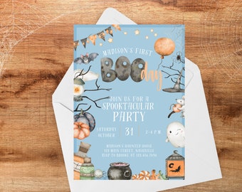 May include: A light blue Halloween party invitation featuring watercolour illustrations of a bat, ghost, pumpkin, spider, witch hat, and lantern. The text reads Madison's First BOO day, Join us for a Spooktacular Party, Saturday October 31, 2-4 P.M.