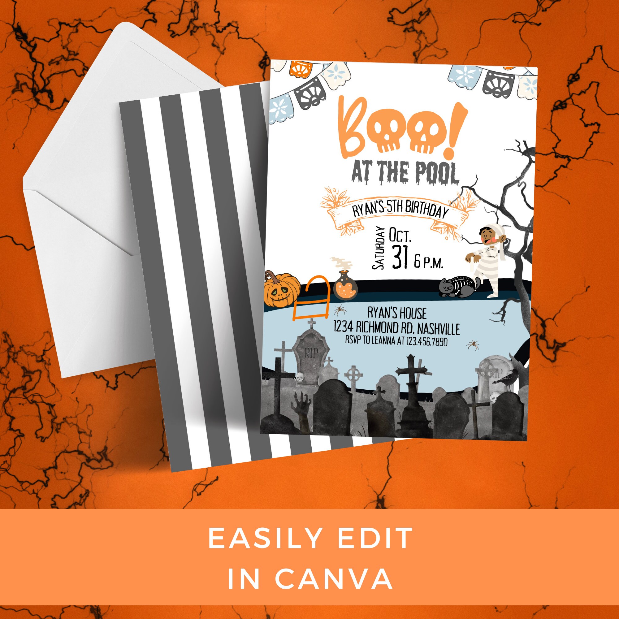 Halloween Birthday Pool Party Invitation, Halloween Pool Party Invite