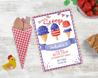Editable July 4th Ice Cream Birthday Invitation Patriotic Birthday Red White Blue Two Sweet Labor Day Memorial Day Template Invite JUL3