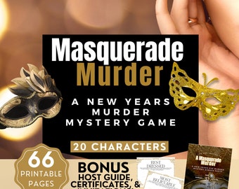 New Years Murder Mystery Game 9-20 Players, New Years Masquerade Murder Mystery Dinner, Printable Invitation, Certificates, Host Guide