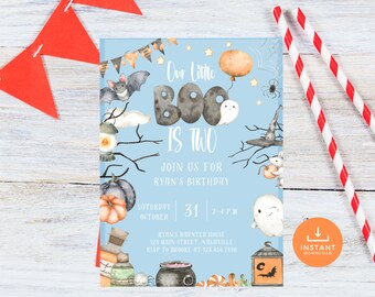 May include: A light blue birthday invitation card featuring watercolour illustrations of a bat, ghosts, pumpkins, a spider, a witch hat, and a cauldron. The text reads Our Little BOO IS TWO, JOIN US FOR RYAN'S BIRTHDAY, SATURDAY OCTOBER 31 2-4 P.M.