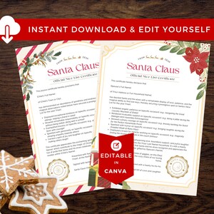 Certificado Oficial Lista Santa Niza 2 Versiones, Carta de Papá Noel desde el Polo Norte, Certificado de Papá Noel en Caja Nochebuena, Editable en Canva