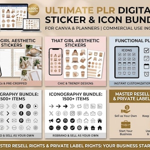 Puede incluir: Paquete digital de pegatinas e iconos para Canva y planificadores. Incluye pegatinas estéticas, iconos de planificador funcional y un paquete de iconografía con más de 1500 elementos. Uso comercial incluido. La imagen muestra ejemplos en teléfonos, tabletas y portátiles.