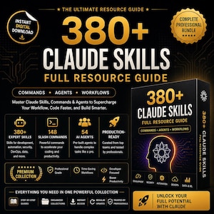 Puede incluir: Una guía de recursos digitales titulada "380+ Claude Skills" con un diseño negro y dorado. La guía promete ayudar a los usuarios a dominar las habilidades, comandos, agentes y flujos de trabajo de Claude. Incluye iconos y texto que resaltan las habilidades de expertos, comandos slash, agentes de IA y funciones listas para la producción.