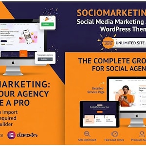 May include: An advertisement for the Sociomarketing WordPress theme, aimed at social media marketing agencies. The image shows a computer, tablet, and phone displaying website designs, with text promoting features and benefits of the theme.