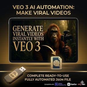 May include: A digital advertisement promoting VEO 3 AI automation for generating viral videos. The image features a tablet displaying an orangutan holding a camera, with text overlayed. A USB drive with "JSON" text is also present.