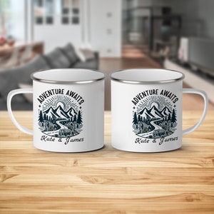 Personalized Adventure Awaits Mug, Custom Couples Camping Coffee Cup, Mountain Travel Mug, Unique Camper Van Gift
