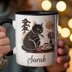 Black Cat Coffee Mug, Personalized Floral Cat Lover Gift, Custom Name Cat Mug, Unique Hand-Drawn Art Tea Cup, French Cafe mug Cat