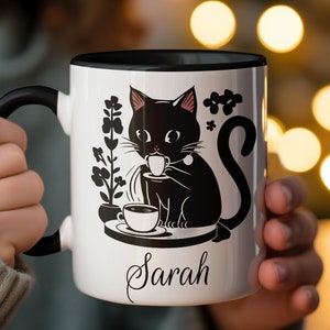 Personalized Cat Lover Coffee Mug, Custom Name Black Cat Mug with Flowers, Unique Gift for Cat Owners, Pet Illustration Drinkware