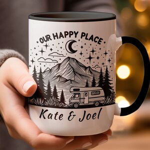 Personalized Happy Place Camping Mug, Custom Mountain Camper Coffee Cup, Nature Lover Gift, Couple Road Trip Adventure Mug