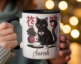 Personalized Black Cat Coffee Mug: Elegant Floral Ceramic Cup