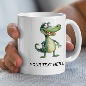 Cute Alligator Cartoon Personalized Text Coffee Mug, Unique Animal Lover Gift, Custom Name Green Crocodile Cup