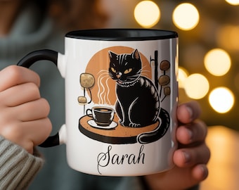 Personalized Black Cat Coffee Mug, Custom Illustration, Cat Lover Gift