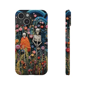 Vintage 3D Skeletons in Bloom iPhone Case,Embroidered Floral Charm iPhone 15 Cover,Halloween Cottagecore,halloween fall,Spook iphone 14 case