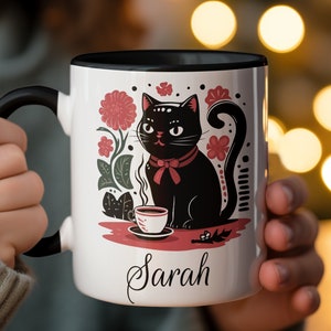Black Cat Coffee Mug, Cute Cat Lover Gift, Personalized Name Mug with Floral Design, Unique Cat-Themed Kitchenware, French Cafe mug Cat