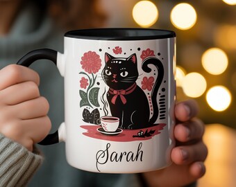 Black Cat Coffee Mug: Personalized Floral Design, Cat Lover Gift