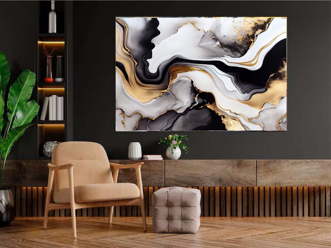 Gold Black Abstract Canvas Gold Wall Art Black Wall Art Etsy